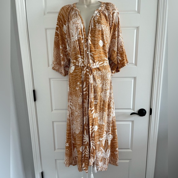 Desmond & Dempsey x H&M Linen Blend Belted Kaftan Midi Dress Size XXL Coastal - Picture 3 of 16